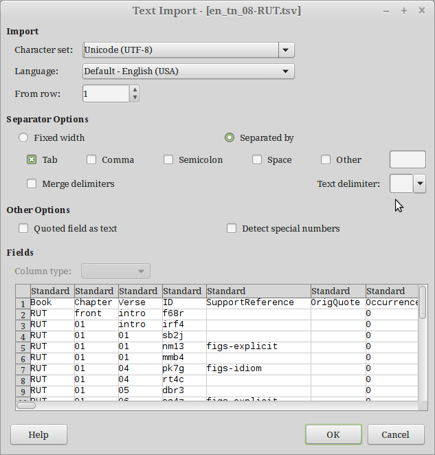 Screenshot of LibreOffice CSV import dialog