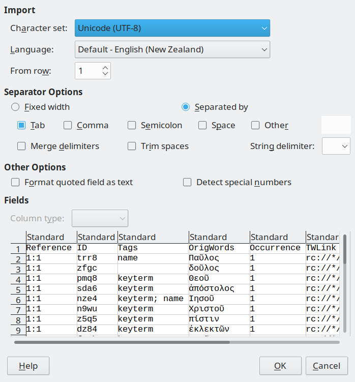 Screenshot of LibreOffice Text Import dialog