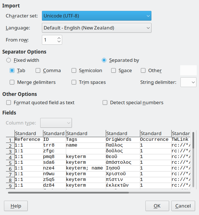 Tangkapan layar dialog Impor Teks LibreOffice